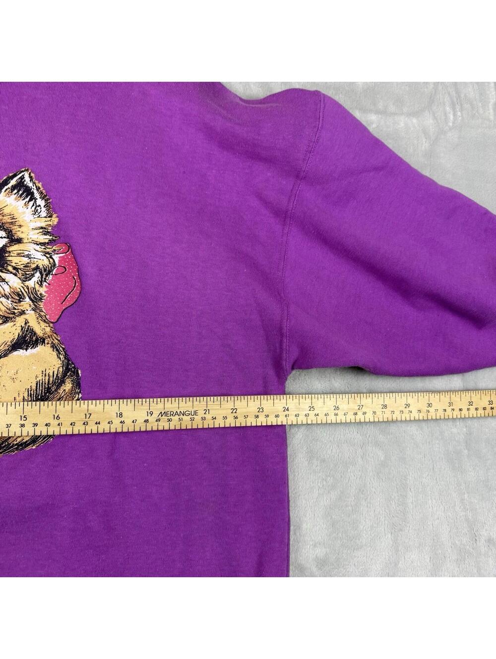 Vintage Teddy Bear Cat Graphic Sweatshirt 1980s Purple Crewneck Cute Wmns Sz L - Picture 7 of 9